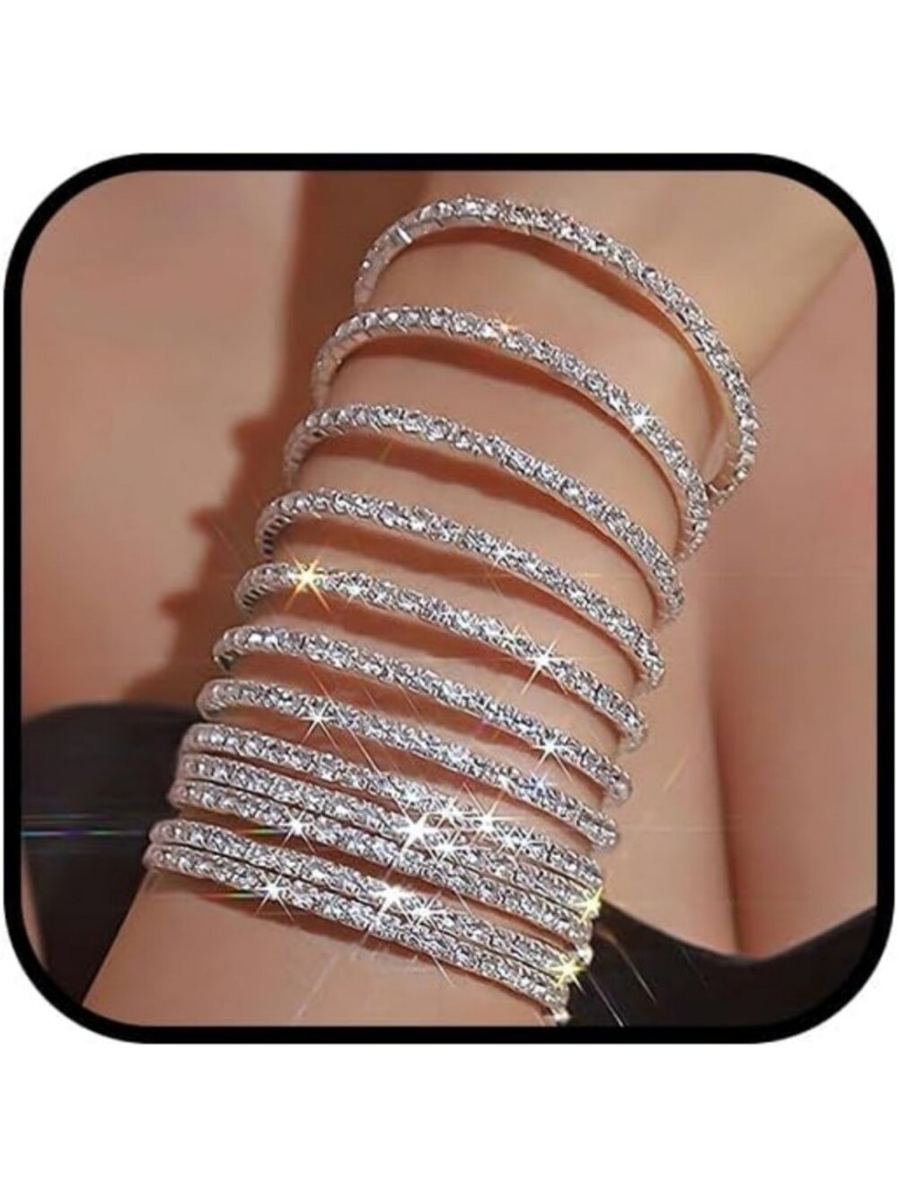 12PCS Sparkly Rhinestone Bracelets Set - Crystal Stretch Bangles for Women